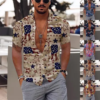 Men ' s Summer Independence Day Style Printed Short Sleeve Shirt Lapel Casual Shirt Camisas De Hombre риза с къс ръкав