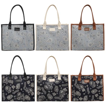 Дамски Ретро чанта-тоут, контрастная цветна холщовая чанта с горната дръжка и принтом, Дамски пътна чанта за пазаруване с Голям капацитет