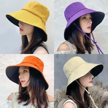 Двустранен Рибарска шапка, Дамски лятна корица, на Корейското издание, Солнцезащитная Шапка с UV нюанс, Лятна шапка с голяма Периферия, Логото на поръчка