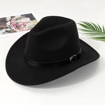 Ковбойская шапка в западен стил, аксесоари с завитым колан, фетровая шапка, шапката е в национален стил, джаз шапка tide