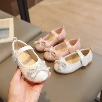 Колекция от 2023 Година, Пролет-Есен, Нова Детски обувки, Кожени обувки на Принцесата за момичета с перлата на носа, Модни Детски Танцови обувки, Ежедневни обувки на равна подметка за деца