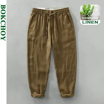 2023 Летни Нови Ежедневни панталони от чист лен за мъже, Тънки улични мъжки панталони с завязками C3583