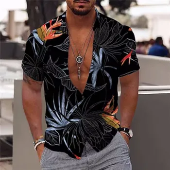 2023 Лятна мъжка риза с ревера на формата на листа, градинска дрехи с къс ръкав и ключалката, ежедневни дишащи хавайски ризи