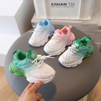 2023 г., детски спортни обувки наклон цветове за деца, Меки дишащи обувки от окото на материал за бягане, обувки за момчета и момичета, модни маратонки