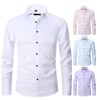 6XL 8XL Микро-стрейчевая тениска за мъже с дълги ръкави, градинска однотонная бизнес риза с дълъг ръкав за мъже, официални ризи с къс ръкав