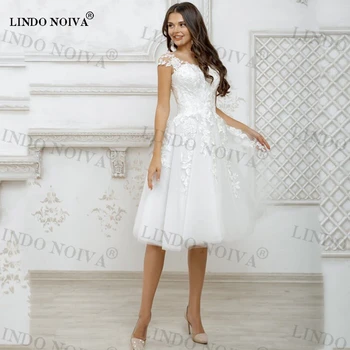 LINDO NOIVA 2023 Къси Дантелени Апликации Бели Сватбени Рокли за Жени С Къс Ръкав в стил Бохо на Принцеса Прекрасна Сватба Рокли Robe De Mariée