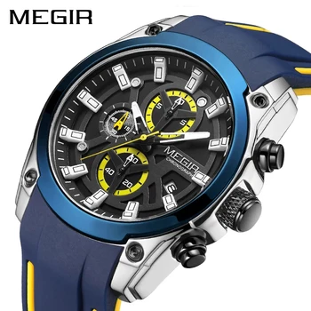 MEGIR Спортни Силиконови кварцови часовници за мъже, Най-добрата марка за Луксозни Военни водоустойчиви часовници с хронограф, Relogio Masculino