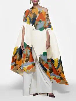 Missuoo За възрастни жени, най-дългата тениска с контрастен цветен принтом, диагонално яка, ръкави 