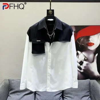 PFHQ Стилен Контрастен Дизайн в стил мозайка, Мъжки ризи с дълъг ръкав, Висококачествени Елегантни Модни Мъжки пролетни блузи 2023 г., оригинални