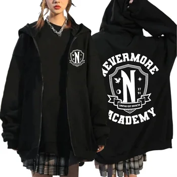 Wednesday Addams Nevermore Academy Мъжки пуловери rapic Cardian с цип, Оверсайз-палто arajuku с цип, ооди