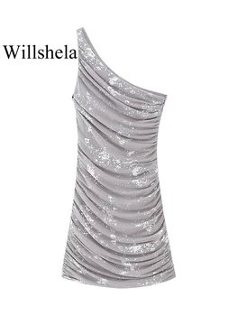 Willshela Дамско модно мини-сива рокля с плисирана цип отстрани, винтажное асиметрично женствена рокля на спагети презрамки, шикозни дамски рокли