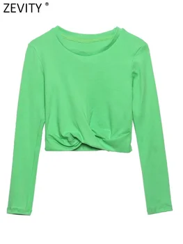 Zevity/ Дамски модни къса тениска ярки цветове с възел на хем, Жена базова тениска с кръгло деколте и дълъг ръкав, тънки шик съкратен върховете T473