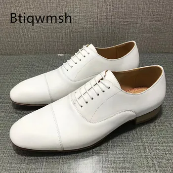 Бели мъжки обувки в британския стил, с остри пръсти от мека естествена кожа върху плоска подметка с шнур Мъжки Модни Вечерни Обувки