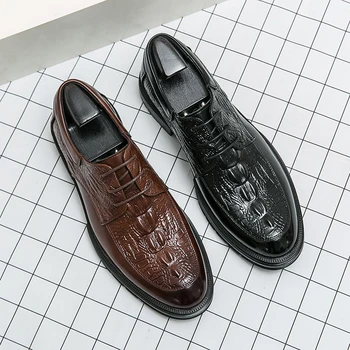 Висококачествени мъжки кожени обувки от кожа на алигатор 2023, нова ежедневни официалната бизнес обувки с остър пръсти