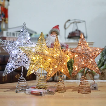 Върхът на Коледната елха със светлини, Звездното дърво с топли бели гирлянди, Празнични украси за Коледната елха