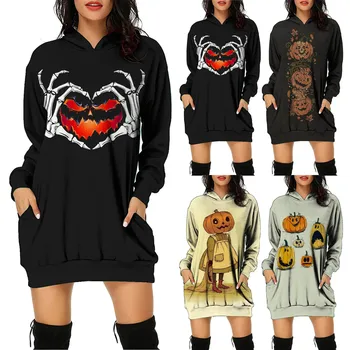 Дамска мода, Дамски Пуловер с качулка и дълъг ръкав с принтом на Хелоуин, Hoody със средна яка, Дамско яке, Ежедневни Рокли