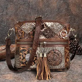 Дамска чанта Cobbler Legend от бохемски естествена кожа, Дизайнерска чанта през рамо с цветен модел, Луксозни дамски чанти с пискюли, реколта чанти заплитания