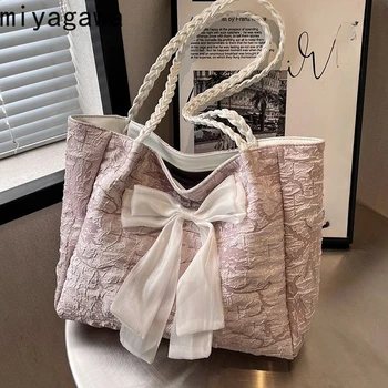 Дамска чанта Miyagawa Голям капацитет, с лък в 2023 г., Нова корейска Модни Сладко чанта през рамо, Студентски чанта за пътуване