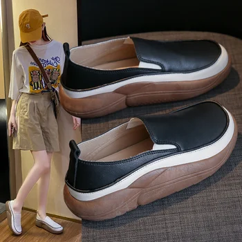 Дамски ежедневни обувки на платформа от изкуствена кожа, универсална дамски обувки 2023 година, градинска обувки без закопчалка, удобна устойчива на плъзгане обувки на плоска подметка