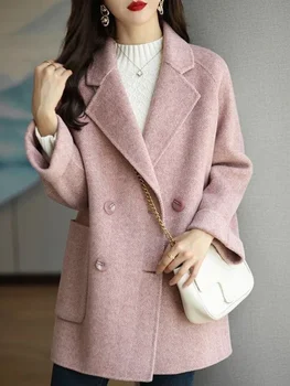 Дамско яке, Нова Мода Корея есен облекло, Свободно Универсално вълнена палта с ревери, Двухрядная пуговица, Безплатен топъл тренч, яке