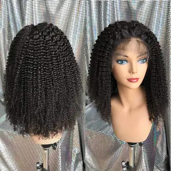 Дантела пред перука от естествена коса, къдрава перука от естествена коса 180% плътност, дантела перуки отпред за черни жени с коса на бебето