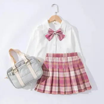 Детска форма на JK, изпъстрен комплекти, костюми за момичета, Пролетно чист блуза и пола, 2 бр., ученически униформи, детски костюми за тийнейджъри