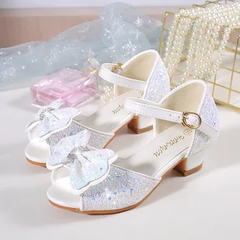 Детски модни обувки на висок ток със сладък пискюл на квадратен ток и кристали, Летни кожени обувки за момичета 3-12 години
