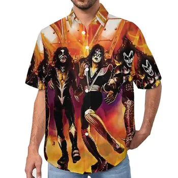 Ежедневни ризи Kiss Band с принтом рок-група, риза за почивка на Хавайските модни блузи, Мъжки щампи Голям размер
