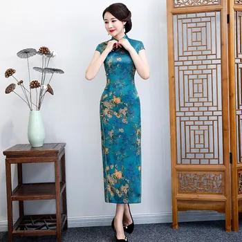 Елегантен Годишният Син Дълъг Чонсам в ретро стил, Изискана вечерна рокля за подиум, банкет, Ципао в традиционен китайски стил за жени
