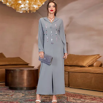Елегантно сиво мюсюлманската женствена рокля с шапка Ръчна изработка, Розова рокля с цветен модел и диаманти, Мароканско рокля без ленти за жени Абая