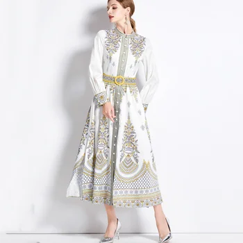 Есен Ново модно рокля с висока деколте, Однобортный дизайн, с Дълъг ръкав-фенери, бельо Макси празнична рокля с колан