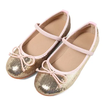 Есенен детски обувки за момичета на равна подметка с пайети, модерно брендовое рокля на принцеса Мери Джейн, кожени обувки за танци, Детски обувки с лък за деца