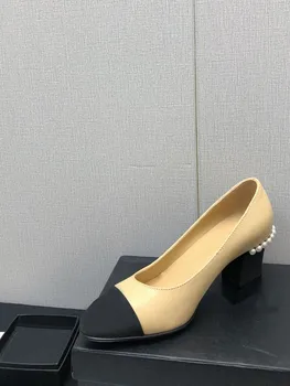 Есенна мода 2023 Г., Нови женски фини обувки с кръгло бомбе на квадратен ток, Удобни обувки на висок ток