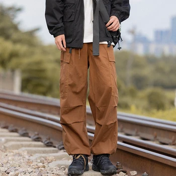 Есенни нови мъжки панталони-карго, обикновена прави панталони с много джобове, Мъжки улични панталони в стил хип-хоп с еластична гумена лента за кръста, Свободни мъжки панталони