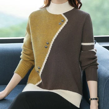 Есенно-Зимния Моден Асиметричен раираната фланелка, Дамски Пуловери в корейски стил, Топли Свободни Пуловери на средна възраст, женски обикновен пуловер