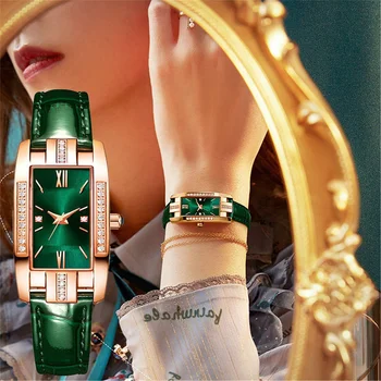Зелени модерен квадратен часовник с диаманти дамски кожени кварцови часовници са Елегантни ретро дамски ръчни часовници Relogio Feminino