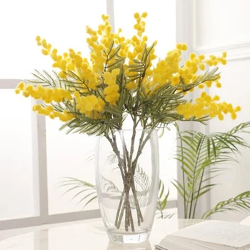 Изкуствени цветя, акация, Бял, жълт плюшен Мимоза, спрей, череша, Изкуствен букет цветя за украса на масата на сватбата