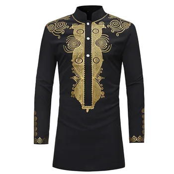 Класически мъжки дрехи, риза с принтом в етнически стил, Близкия Изток, Индия, Блуза, средна дължина с висока яка, Модерна ежедневна мъжка риза