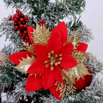 Коледно Украшение Цвете, Блестяща Коледна Набор от Изкуствени цветя, 10 Златни, Сребърни блестящи листа, 3 слой за Коледната Елха