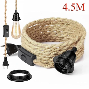 Комплект кабел за подвесного лампа от пеньковой въже с дължина 4,5 м в ретро стил, ЕС, САЩ, Великобритания, Штекерный прекъсвач E26, Държач за крушка E27 за лесни декорации подвесного лампа
