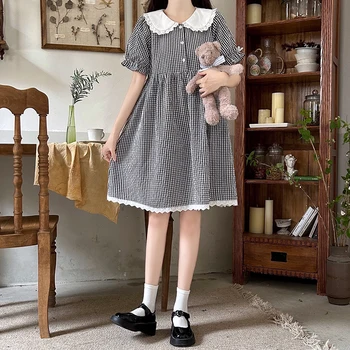 Корейски Японски Елегантен дизайн, Мозайка Дантела яка на Питър Пан, Красива Лятна рокля в клетката за Сладко Момичета, Модно Дамско Ежедневното мини-рокля