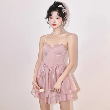 Красиви дамски розови летни бански костюми С волани, перли, каишка, бански костюм, оборудвана плажен спортен костюм в корейски стил, едно парче бански