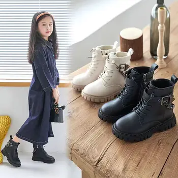 Къси ботуши за момичета, пролетно-есенни нови модни фини обувки на веригата, 2023, Детски зимни плюшени универсални памучни обувки
