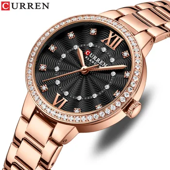 Луксозни кварцов часовник CURREN за жени с розов циферблат, Модерен часовник с кристали, водоустойчиви дамски ръчен часовник от неръждаема стомана, подарък