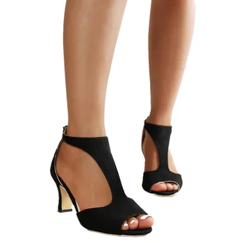 Лято 2023, Нови дамски сандали от матирана кожа с рибено уста, цип отзад, Чубрица обикновена удобни дамски фини обувки на висок ток
