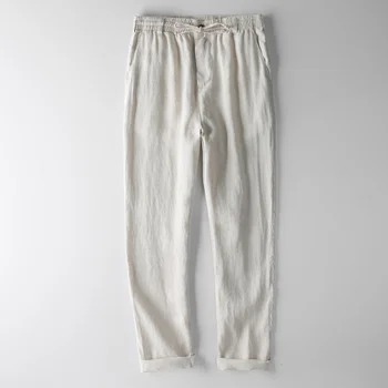 Маркови панталони от 100% лен, мъжки ежедневни модни панталони за мъже, обикновена панталони с еластичен ластик на талията, Мъжки тенденция дишащи панталони за мъже