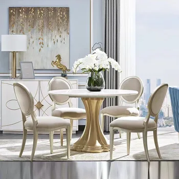 Маса за хранене от американския мрамор по поръчка, модерен и лесен малка кръгла маса за хранене, светла луксозен стил от масивно дърво