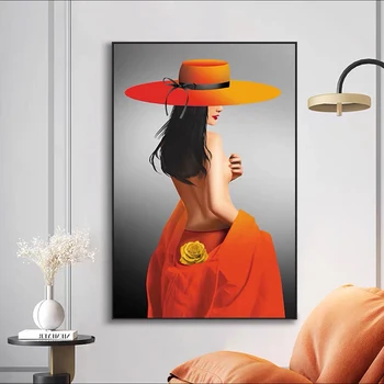 Модерни, абстрактни Секси Оранжеви дамски плакати в голяма шапка и отпечатъци върху платно, стенни художествени картини за всекидневната, домашен декор