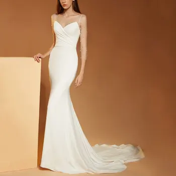 Модни Дамски Бели Сатенени Сватбени Рокли с Мъниста 2023, Елегантни Дълги Вечерни Рокли с Опашка на Русалка, Бална Рокля Vestidos De Новия