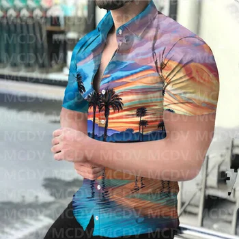 Морски залез, художествен модел, ежедневни риза с 3D принтом и бутони, мъжки хавайска риза